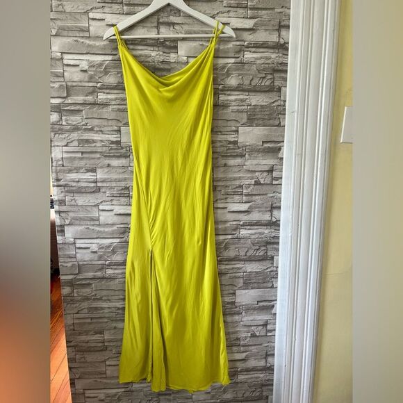 Zara || Neón Green Yellow Sheath Strap Cowl Neck Maxi Slit Dress Small - Picture 1 of 9